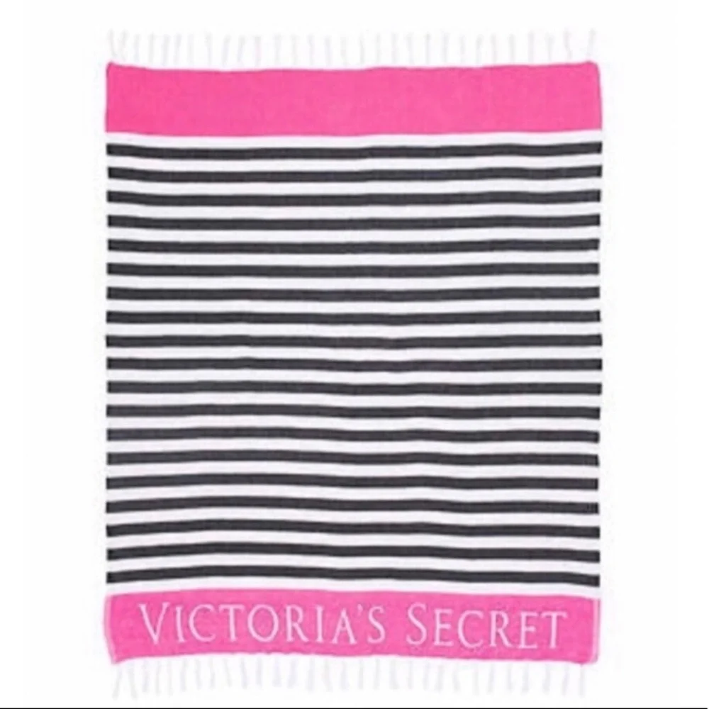Victoria Secret Pink White Black Striped Fringe Beach Towel